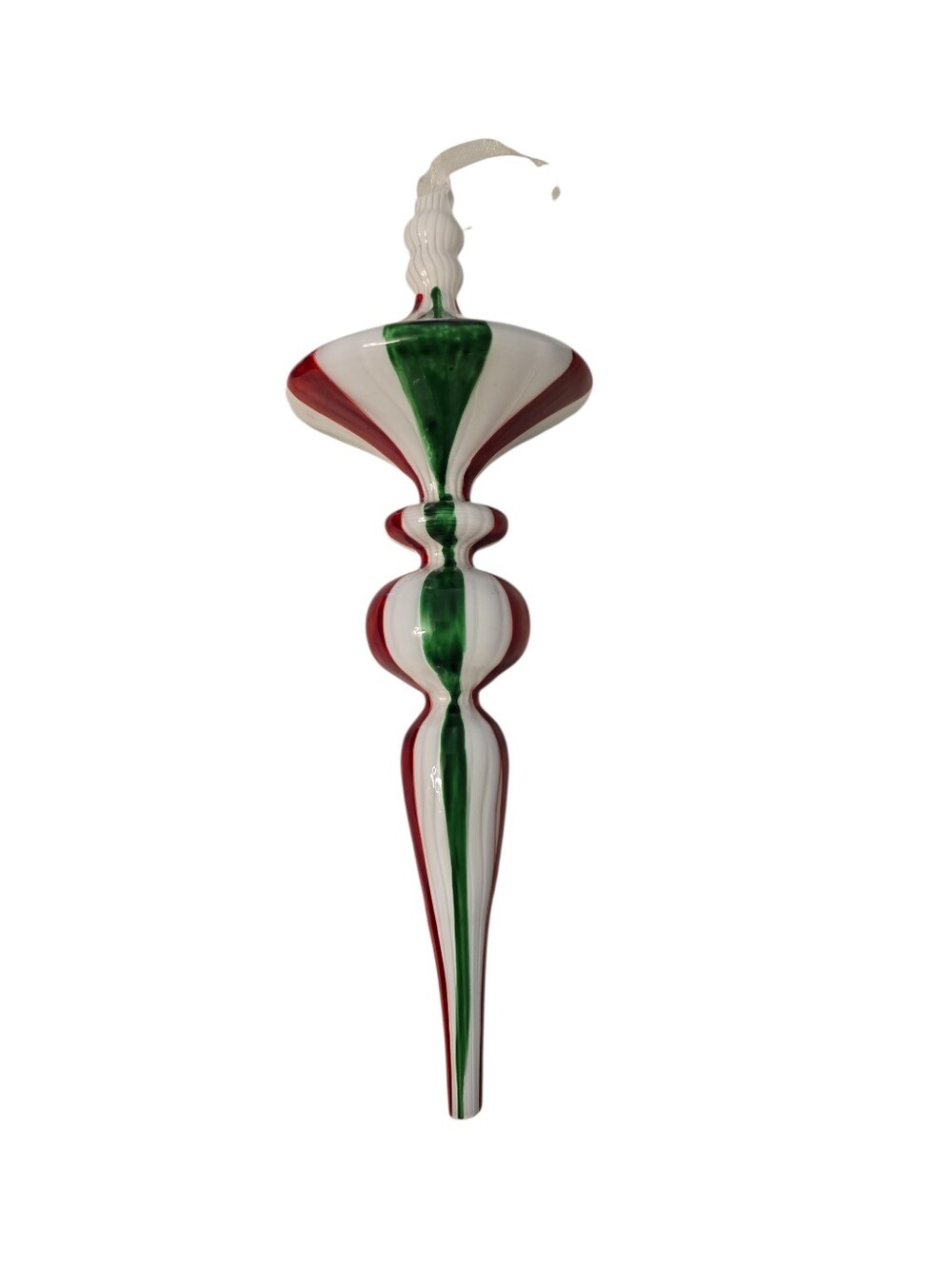 Red White Green Glass Finial Candy Cane Striped Teardrop Bulb Shaped Ornament